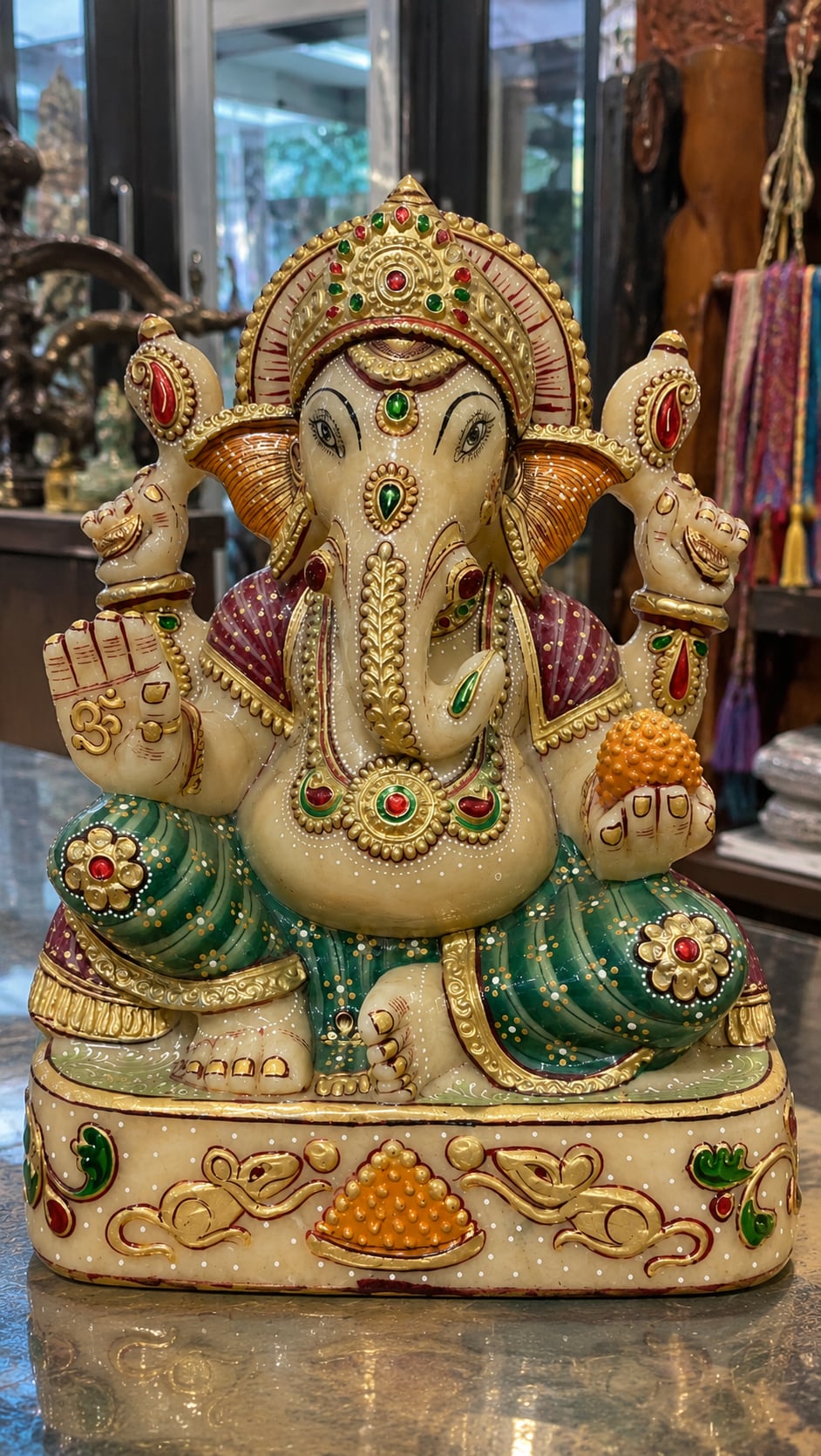Jeweled Ganesha statue display at Taj Mahal Emporium