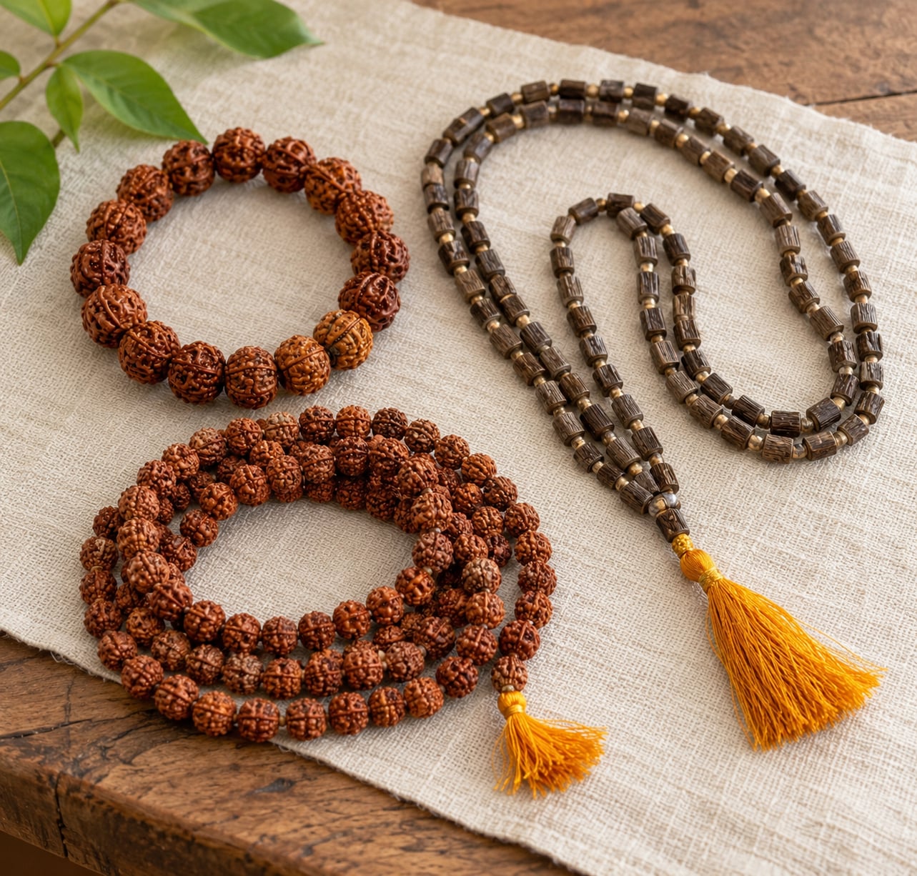 Rudraksha and Tulsi mala beads from Taj Mahal Emporium