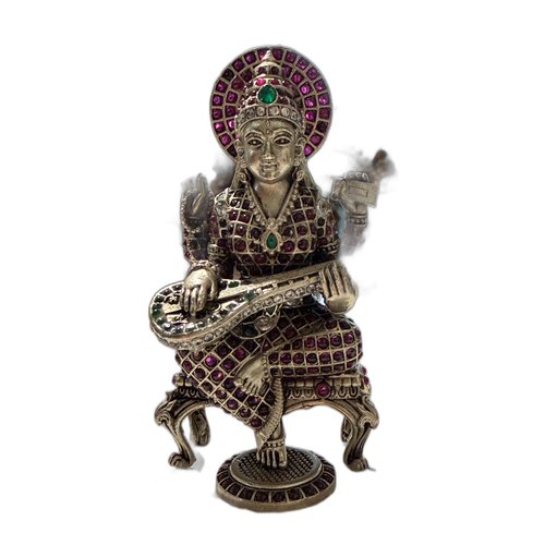 Saraswati Silver Gemstone Statue