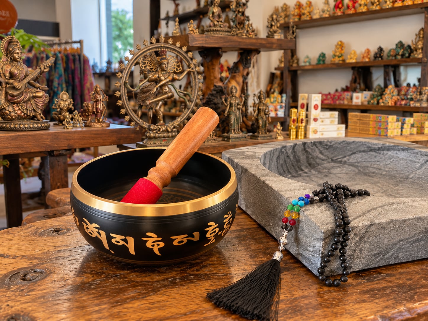 Tibetan singing bowl with mala beads spiritual piece